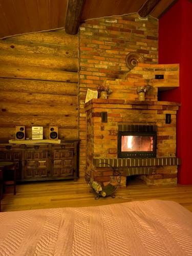 CesvaineDzirnavas Pirtsmāja的小木屋内一间卧室,配有石制壁炉