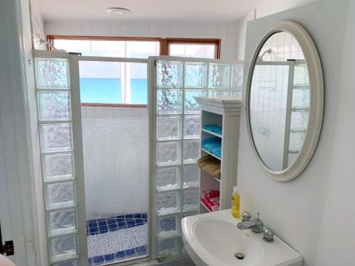 Bullocks HarbourPrivate Beachfront Home的一间带水槽、镜子和淋浴的浴室