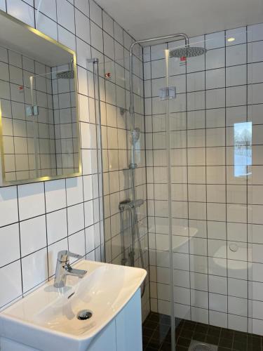胡斯克瓦纳Gisebo Vingård的一间带水槽和淋浴的浴室