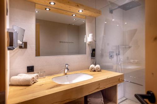 大格洛克纳山麓卡尔斯伽姆萨尔姆公寓式酒店的浴室配有盥洗盆和带镜子的淋浴