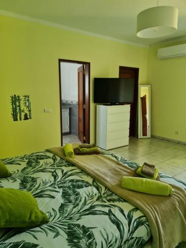 西尔韦斯Villa do Lago的一间卧室配有一张大床和一台平面电视