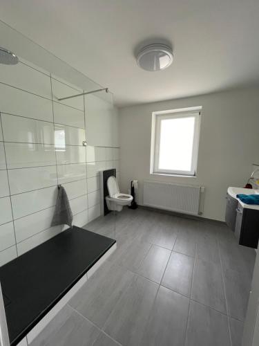SchellertenMR Ferienwohnung - Wohnung Emma的带淋浴和卫生间的浴室以及窗户。