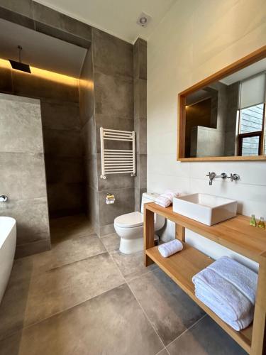 比亚里卡Mawün Lodge的一间带水槽、卫生间和镜子的浴室