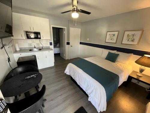 镭温泉Celadon Lodge的一间带一张床和一张书桌的卧室和一间厨房
