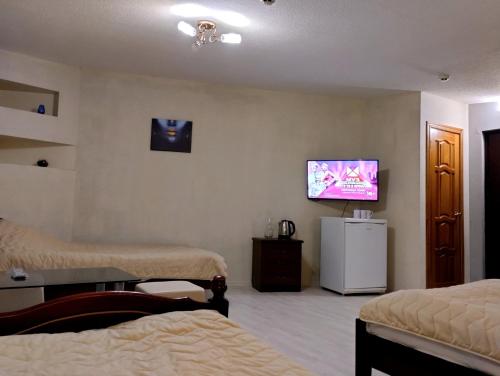 下诺夫哥罗德安养之家酒店的客房设有两张床和一台墙上的电视。
