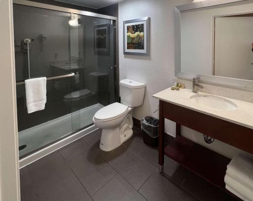 旧金山Motel 6 San Francisco CA Fisherman"s Wharf的浴室配有卫生间、淋浴和盥洗盆。