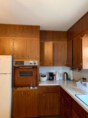 新不伦瑞克#2 Cozy Queen size bedroom @New Brunswick NJ downtown的厨房配有木制橱柜和白色冰箱。