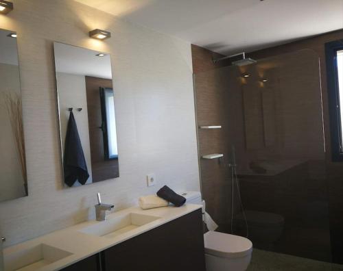 马略卡岛帕尔马Precioso chalet vanguardista的一间带水槽、卫生间和镜子的浴室