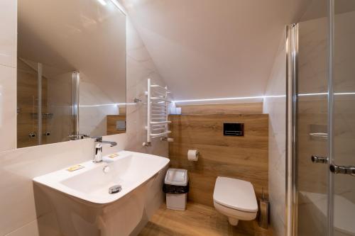卡尔帕奇Rezydencja PATRIA的一间带水槽、卫生间和淋浴的浴室