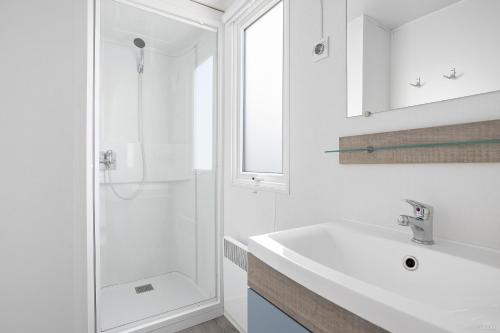 博里霍尔姆First Camp Ekerum - Öland的白色的浴室设有水槽和淋浴。