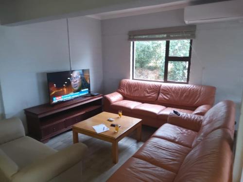 BergviewBergview Chalet, Cathkin的客厅配有真皮沙发和电视