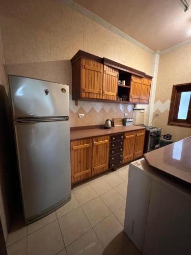 卢克索Comfy Apartments in Harmony House - Nile View的厨房配有不锈钢冰箱和木制橱柜