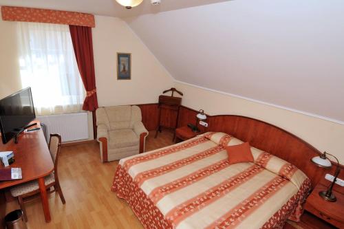 埃格尔Pátria Panzió的一间卧室配有一张床、一张书桌和一台电视