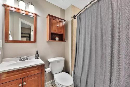 圣奥古斯丁Spacious renovated 4br downtown home w firepit sleeps 8+的一间带卫生间和淋浴帘的浴室