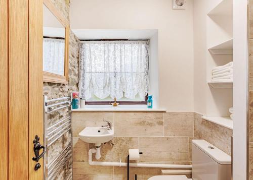 Pen-y-bont-fawrSgubor Fach的一间带水槽和卫生间的浴室以及窗户。