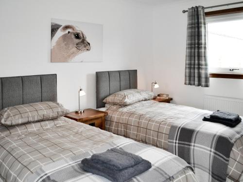 LhanbrydAuldfield的卧室配有两张床,墙上挂着一张猫的照片