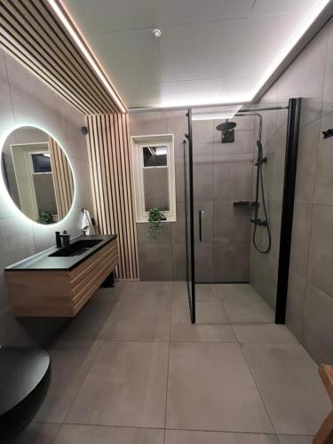 RussenesOlderfjord Lodge的带淋浴、盥洗盆和镜子的浴室