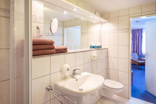 希尔德斯海姆斯坦伯格酒店的一间带水槽、卫生间和镜子的浴室
