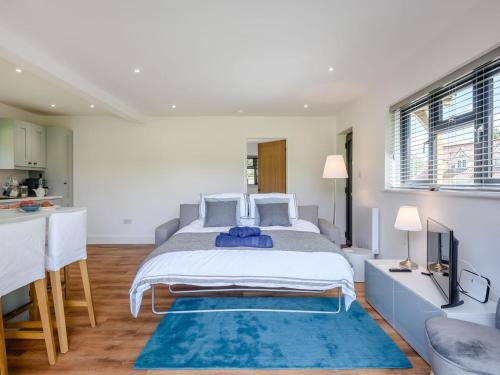 Stonham AspallWillow Cottage的一间卧室配有一张大床和蓝色地毯。