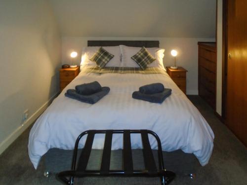 EmboOyster Catcher的卧室配有一张带两个蓝色枕头的大白色床
