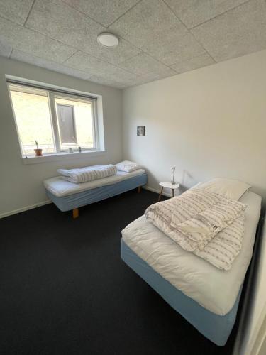 海宁Nyt hus的一间卧室设有两张床和窗户。