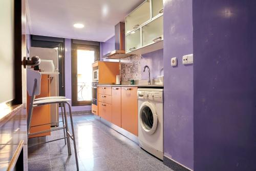 莱昂Apartamento La Calma, plaza de La Inmaculada, en el centro de León的紫色的厨房配有洗衣机