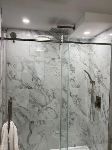 彭布罗克Champlain Motor Inn的带淋浴的浴室和玻璃门
