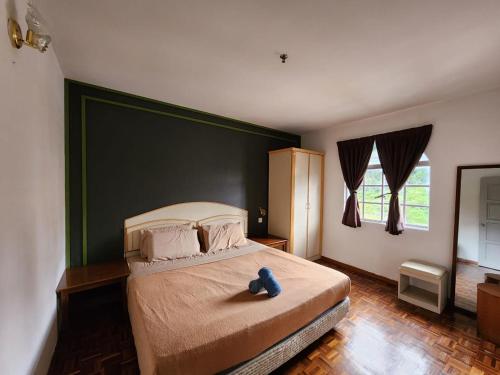 金马仑高原Little Star Hotel & Apartments的一间卧室,床上有一只蓝色填充动物