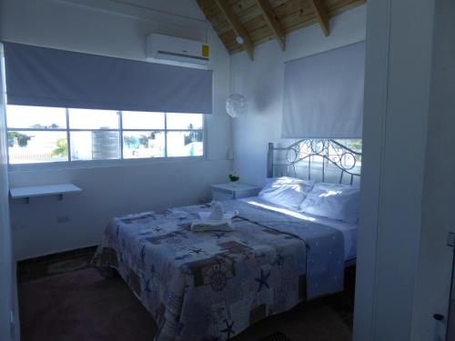 圣斐利-银港CortLang - Beach Apartments - in El Pueblito near Playa Dorada的一间卧室配有一张带蓝色毯子的床和窗户。