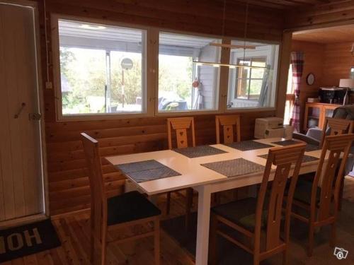 LohjaLohja cottage的小屋内的厨房配有桌椅
