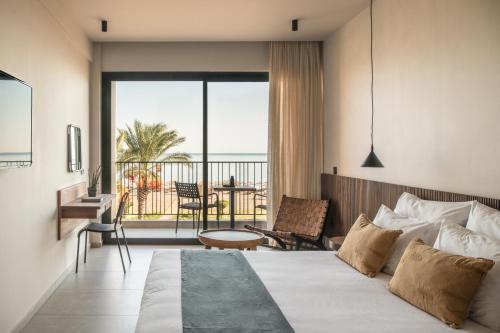 林都斯Lindos Aqua Terra的酒店客房设有一张床和一个阳台。