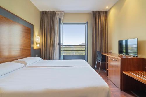 洛格罗尼奥F&G洛格罗尼奥酒店的配有一张床、一张书桌和一扇窗户的酒店客房