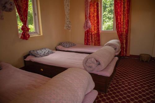 图利凯尔Hasera Organic Farmstay: Farm to Table & Mountain View的带红色窗帘的客房内的三张床