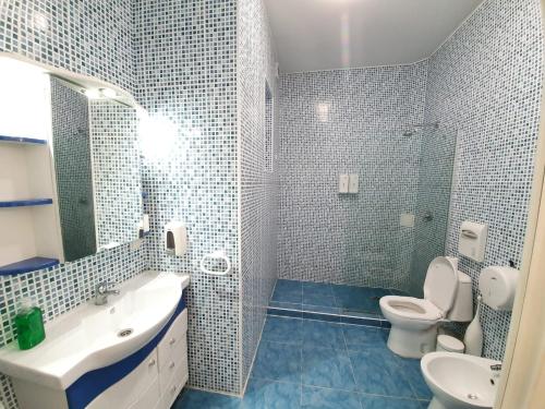 基希讷乌Boulevard Ultra Central Apartments in the heart of Chisinau的一间带水槽、卫生间和镜子的浴室