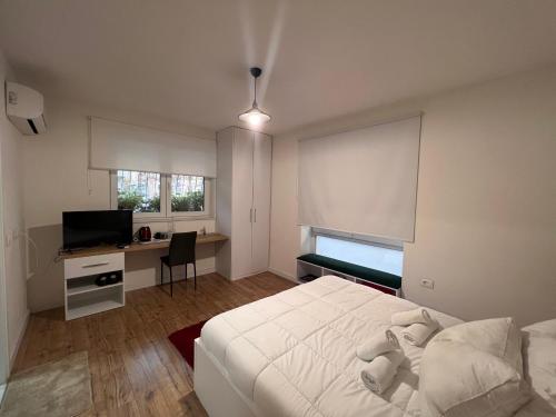 地拉那Grand Park & Bllok Area Rooms的一间卧室配有一张床、一张书桌和一台电视
