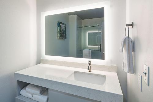 普莱诺Four Points by Sheraton Plano的一间带水槽和镜子的浴室