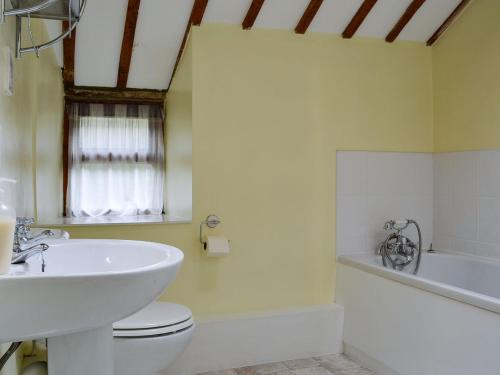 PenmachnoValley Cottage的浴室配有盥洗盆、卫生间和浴缸。