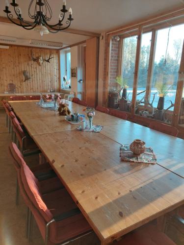 RätanNederhögen Vildmarkscenter的配有窗户的用餐室内的一张大木桌