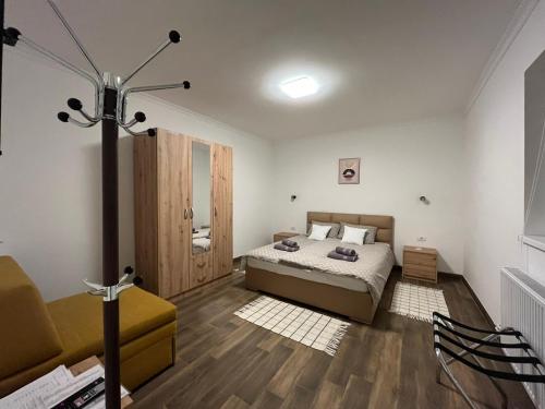 苏博蒂察ALFA Apartmani的一间卧室配有一张床和一把椅子