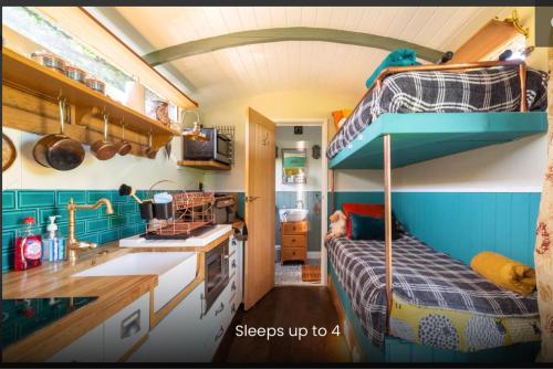 SwayShepherds Hut with Scandinavian Hot Tub and hydromassager的带水槽的厨房内的双层床