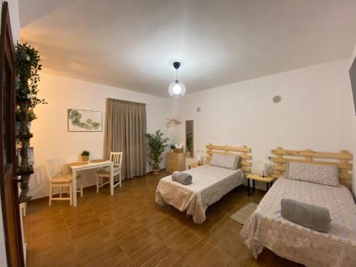 El RiscoB&B and Apartments El Charco Azul的一间卧室配有两张床和一张桌子及椅子