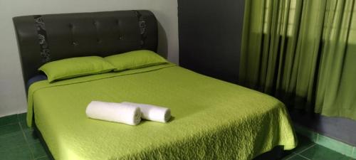 瓜拉大汉Durian Chalet的绿色的床,上面有两条可移动的毛巾
