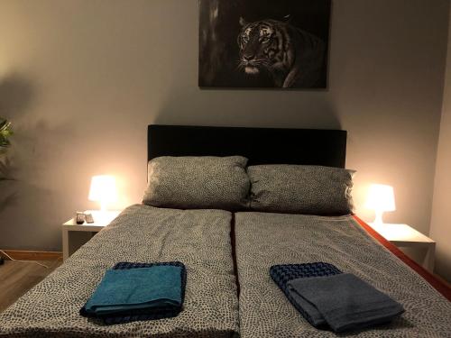 弗伦斯堡Flensburg City - 24h的一间卧室配有一张床,上面有两条毛巾