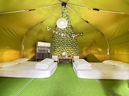 埔里缘溪行森林营地的一间设有两张床的房间和一棵圣诞树