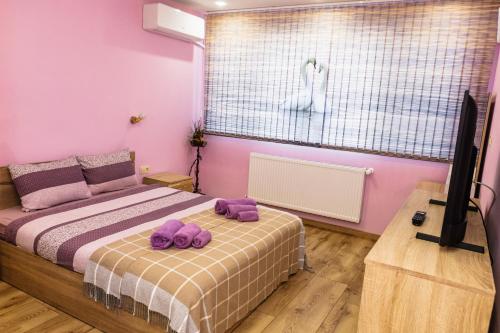 大特尔诺沃KRISSTY Apartment的一间卧室配有一张带紫色枕头的床