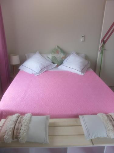 法兰西堡VILLAS AUMIS 2MR的粉红色的床、白色枕头和粉红色毯子