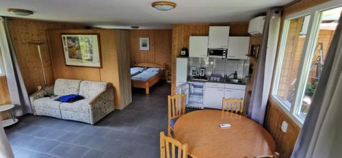 福纽德Fonyód Camping & Apartman的厨房以及带桌子的客厅。