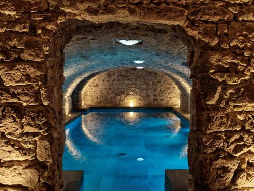 巴尔5 Terres Hôtel & Spa Barr - MGallery Hotel Collection的蓝色的石头隧道中的游泳池