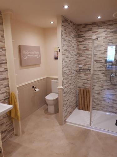 百利科内尔SWIFT HALF的一间带卫生间和玻璃淋浴间的浴室