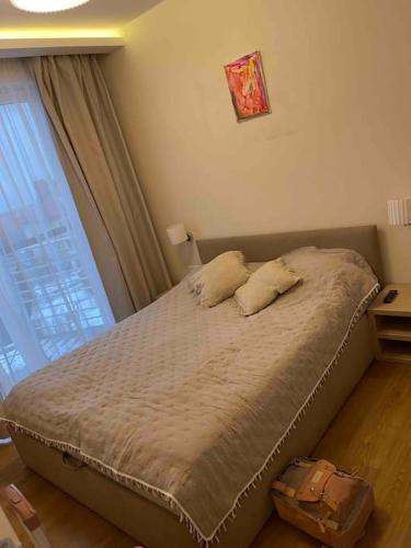 凯蒂赖贝西Przytulny apartament na zamkniętym osiedlu的卧室配有一张带两个枕头的床和窗户